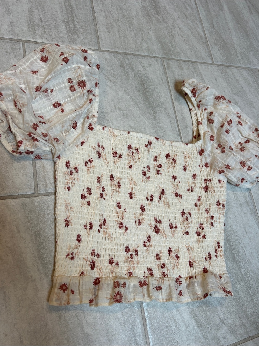 American Eagle Outfitters Cream Smocked Crop Top with Rust Floral Print